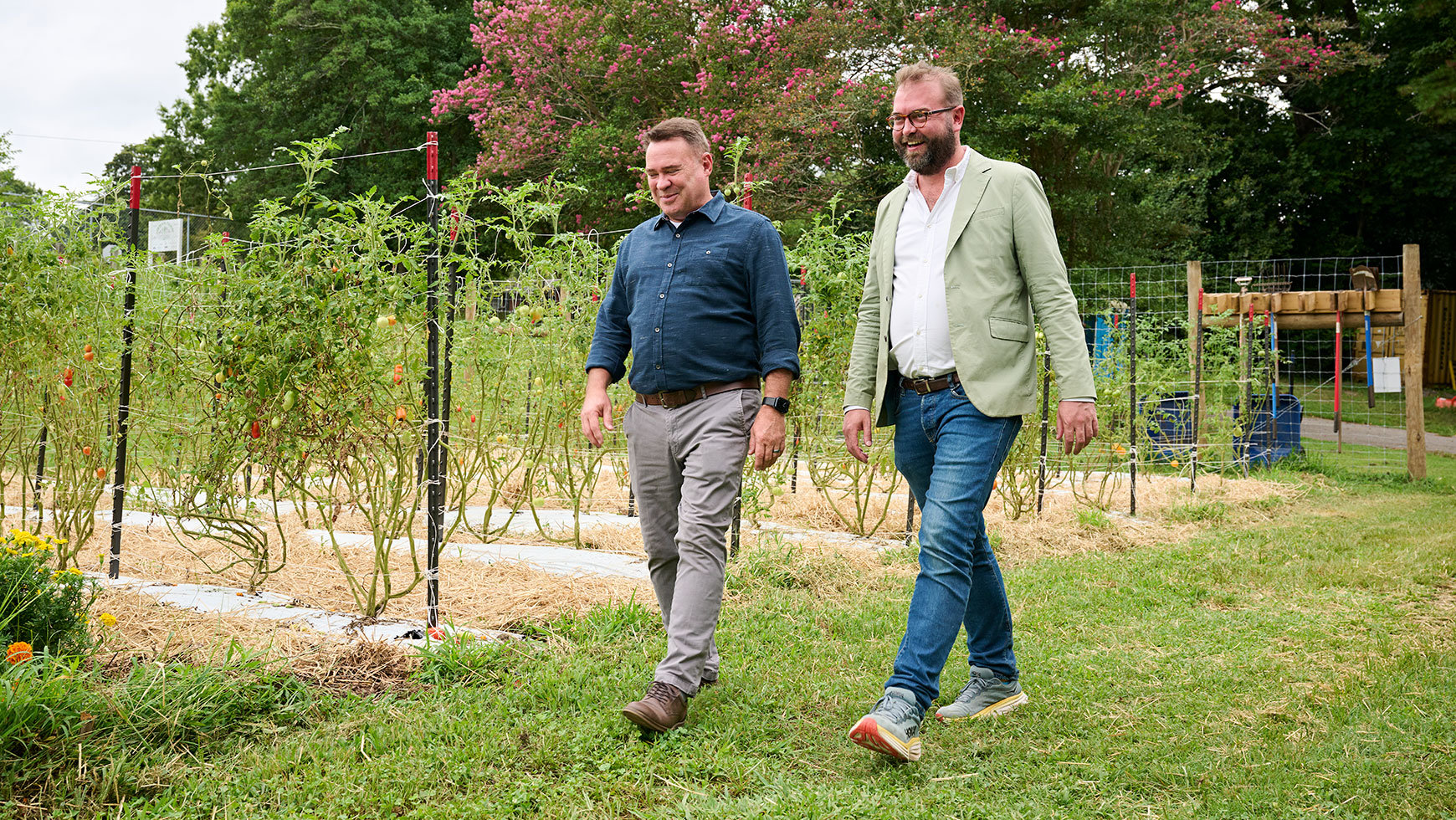 Trane Technologies VP of Sustainability Scott Tew and Carolina Farm Trust President and CEO Zack Wyatt at the Urban Farm at Aldersgate